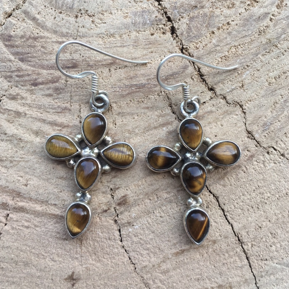 Tigers Eye Sterling Silver Cross Earrings